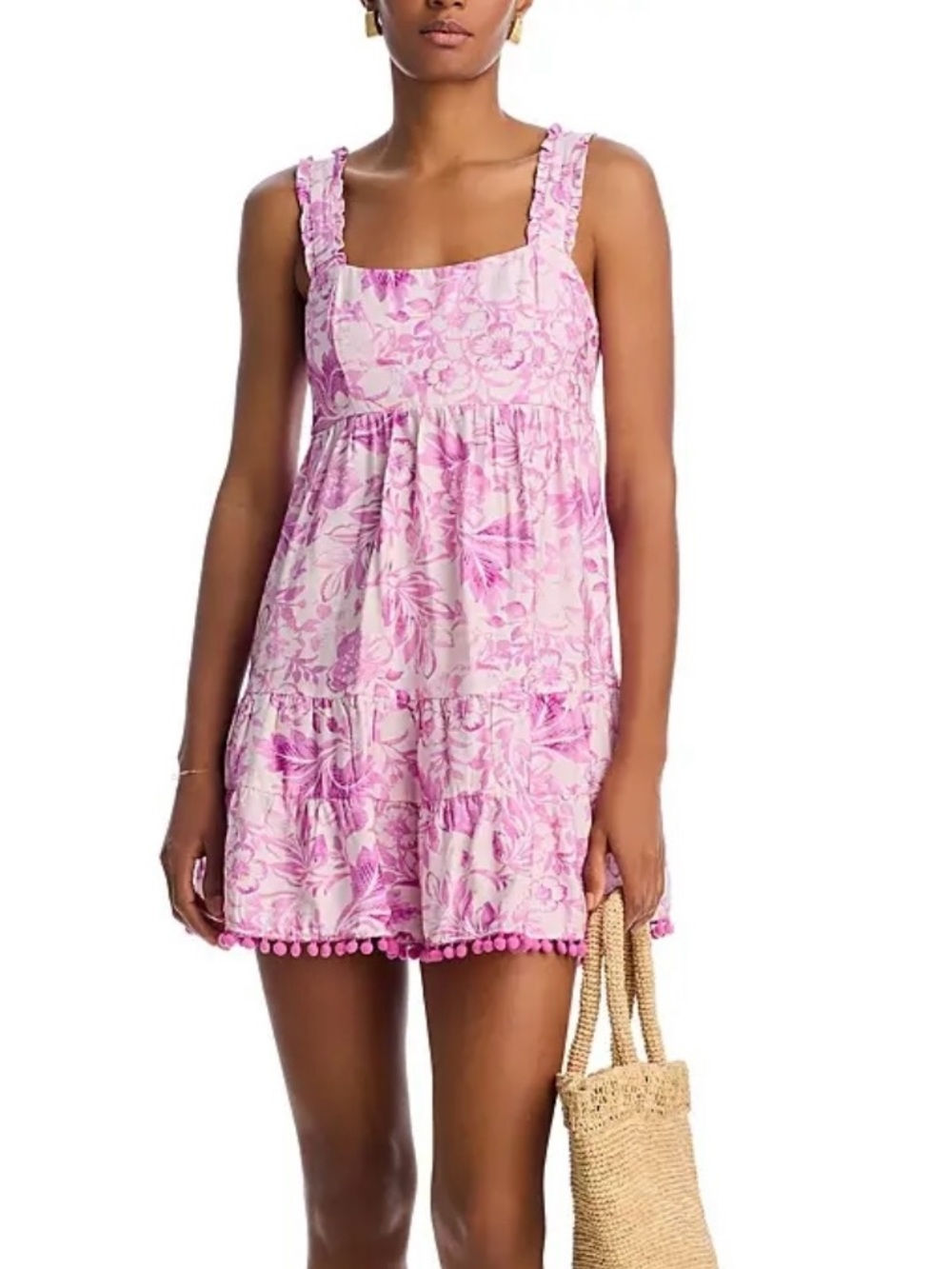 NWT Aqua Pink Floral Ruffle Strap Tiered Sundress with Pom Trim Size Small